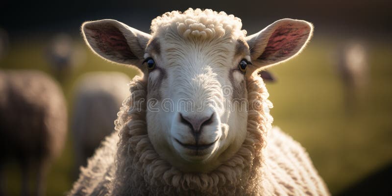 Ai generierte Abbildung von Hausschafen mit weißem Fell auf unscharfen Hintergrund der Natur und Blick auf Kamera stock abbildung