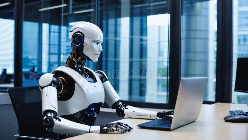 Ai generierte Bild eines Roboters sitzend hinter dem Schreibtisch und arbeiten mit Laptop lizenzfreie abbildung