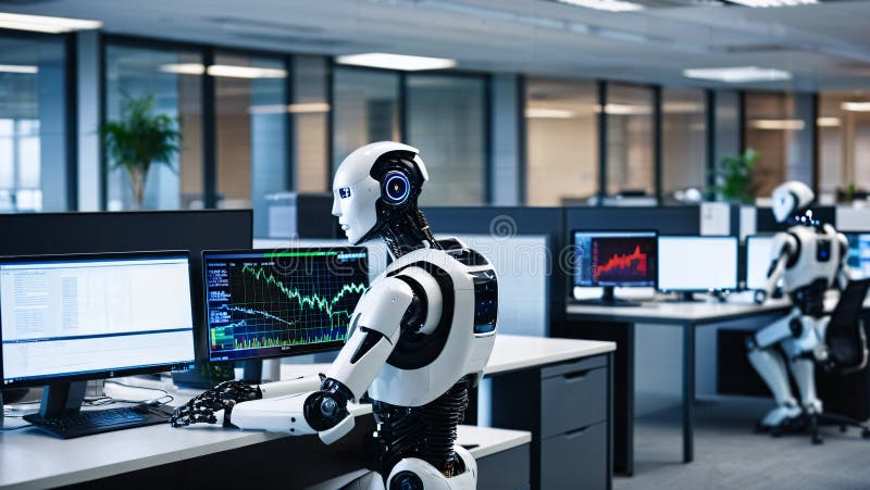 Ai generierte Bild eines Roboters sitzend im Büro und arbeiten mit Computer stock abbildung