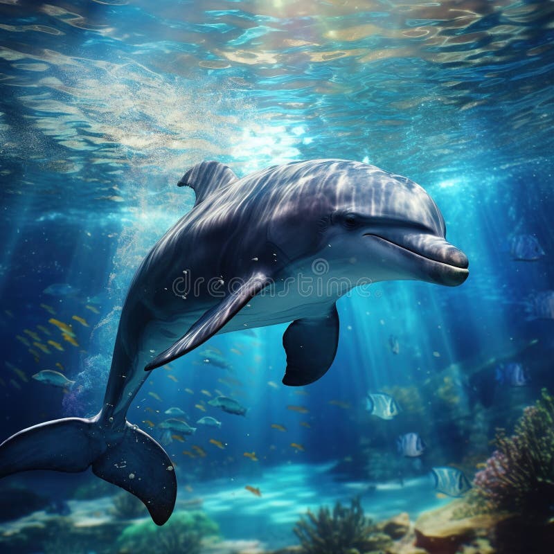 Ai-generierte Darstellung des Lebenskonzepts von Blaudelphin unter Wasser stock abbildung