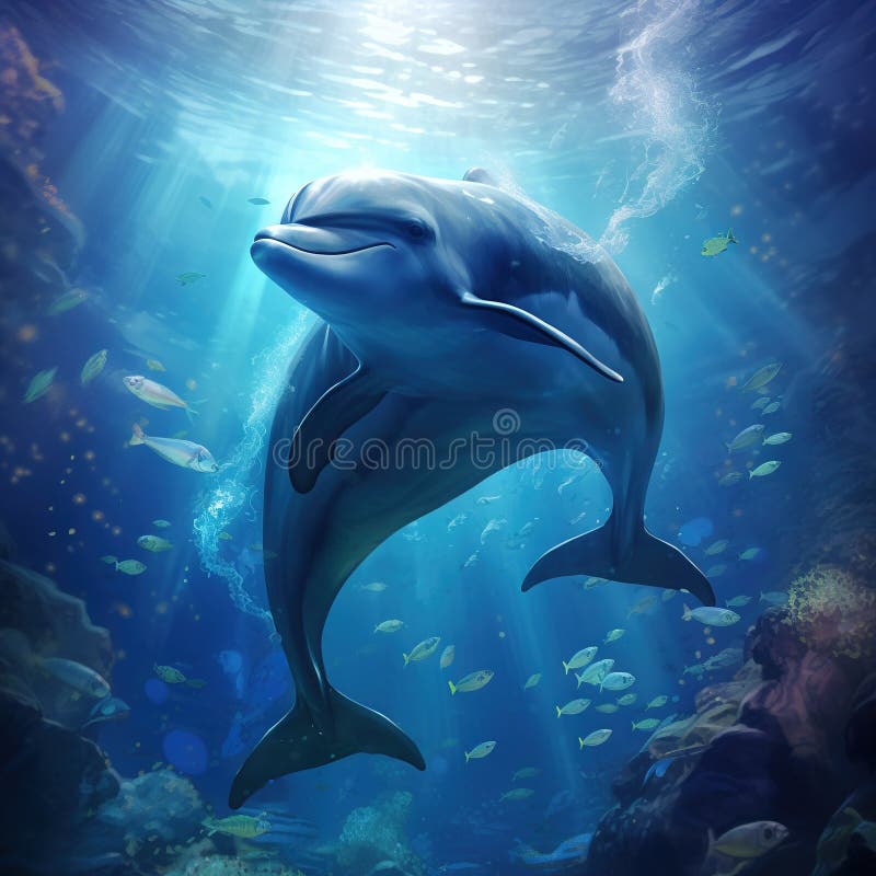 Ai-generierte Darstellung des Lebenskonzepts von Blaudelphin unter Wasser stock abbildung