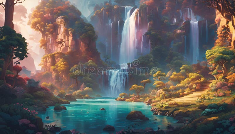 Ai generierte digitale Kunst des Wasserfalls und eines Sees stock abbildung