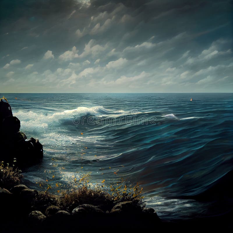 Ai generierte digitale Kunst einer realistischen felsigen Küste mit wolkiger Himmel lizenzfreie abbildung