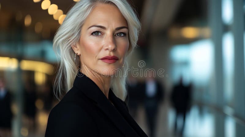 AI generierte grauhaarige Frau mit Make-up, schwarze Kleidung trug, die zuversichtlich aussah stock video