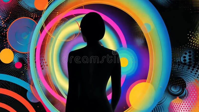 Ai generierte Illustration der silhouettierten Frau, die durch einen traumhaft bunten Tunnel geht vektor abbildung