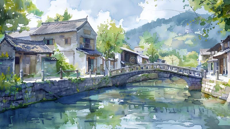 Ai generierte Illustration einer Aquarellmalerei eines Flusses mit Gebäuden lizenzfreie abbildung