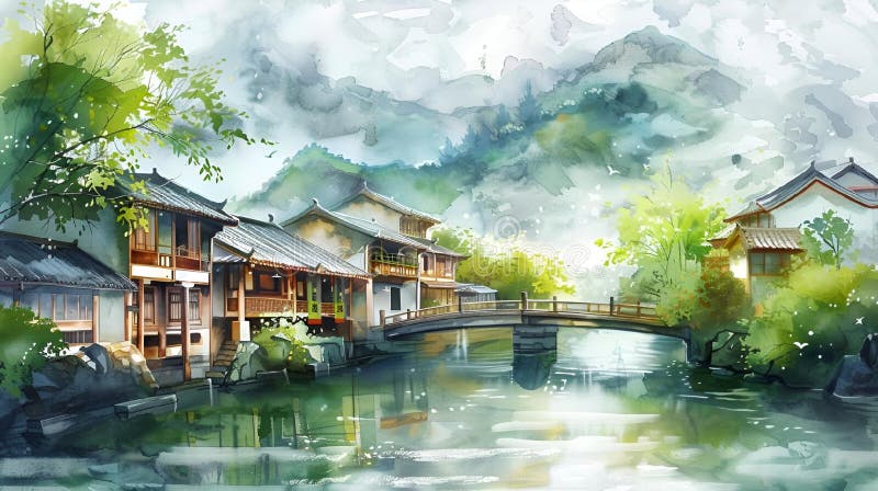 Ai generierte Illustration einer Aquarellmalerei eines Flusses mit Gebäuden stock abbildung