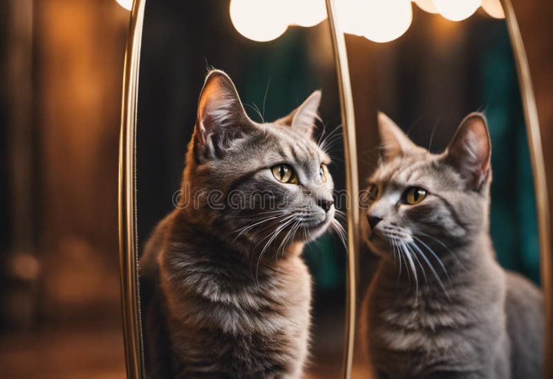 Ai generierte Illustration einer grauen Katze vor einem Metallspiegel, der auf seine eigene Reflexion blickt stock abbildung