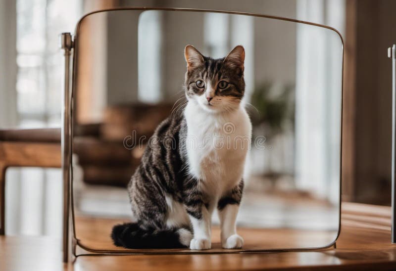 Ai generierte Illustration einer grauen Katze vor einem Metallspiegel, der auf seine eigene Reflexion blickt vektor abbildung