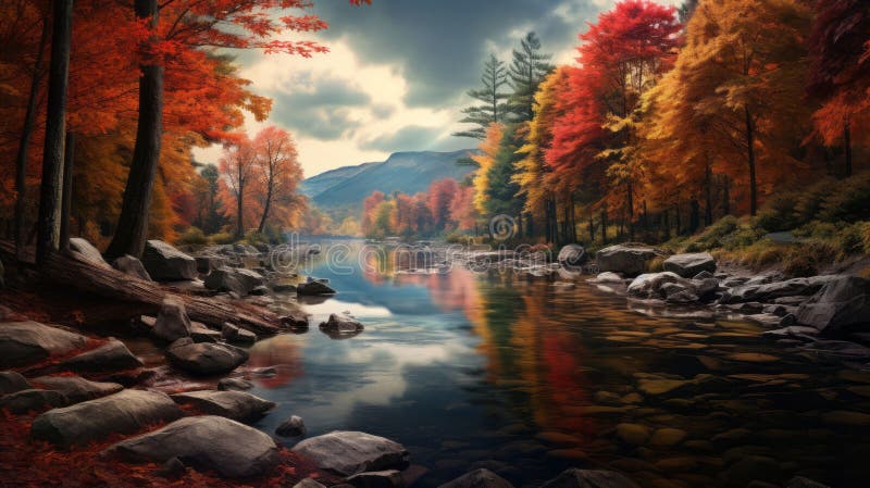 Ai generierte Illustration einer Landschaftsmalerei eines Flusses umgeben von herbstlichen Blättern lizenzfreie abbildung