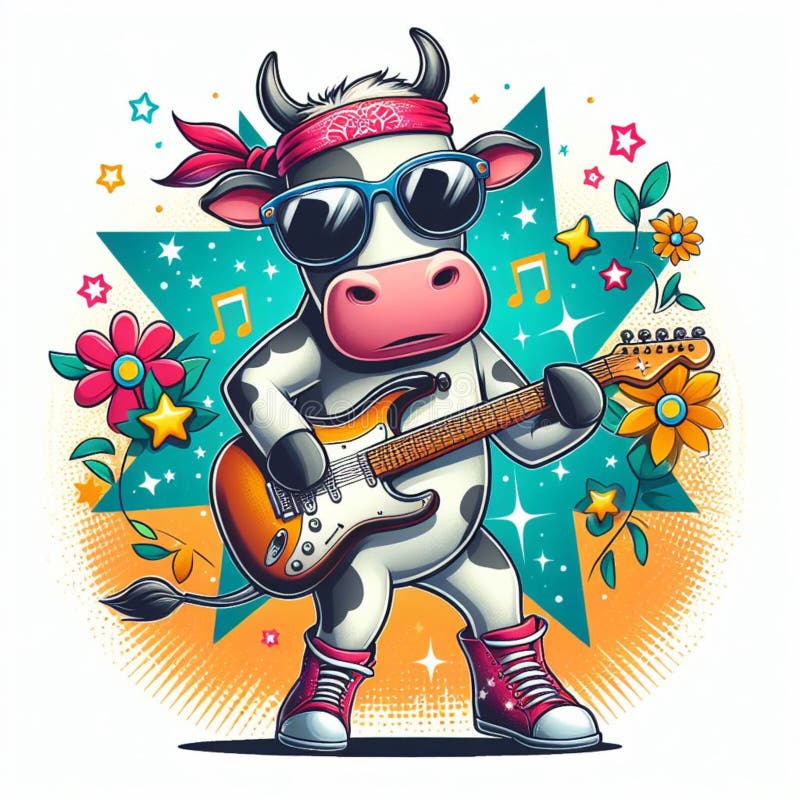 Ai generierte Illustration einer tanzenden und Pop Künstlerkuh spielt Gitarre mit dunkler Brille stock abbildung