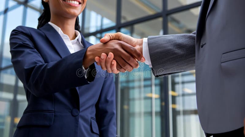 Ai generierte Illustration eines formalen Handshake eines geeigneten Mannes und einer geeigneten Frau stock abbildung
