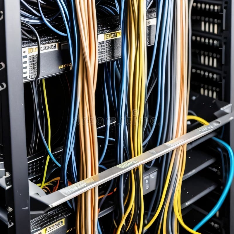 Ai generierte Image-Netzwerk-Kabel in einem Server-Rack stock abbildung