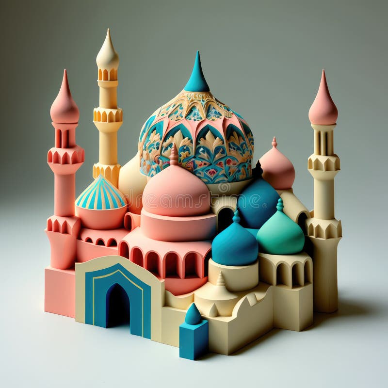 Ai generierte Plastici Miniatur-Moschee vor einfachem Hintergrund. Ai generierte plasticine farbenfrohe einzigartige Miniaturmoschee vor grauem Hintergrund