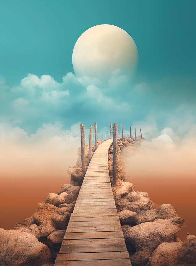 Ai génératif : paysage fantastique avec pont en bois au ciel et grande lune illustration de vecteur