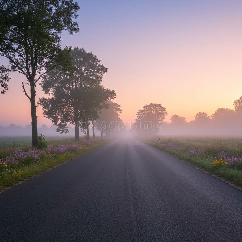 AI générée route de campagne sereine bordée d'arbres et de fleurs sauvages sous un ciel brumeux. illustration libre de droits