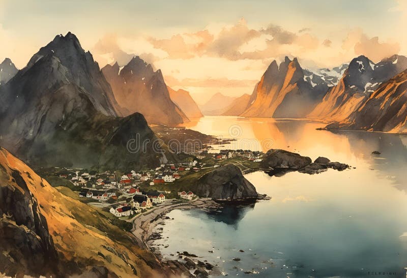 Ai ha generato illustrazioni di montagne e di un lago illustrazione di stock
