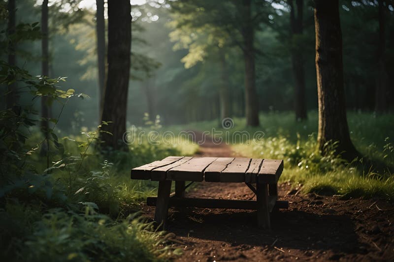 An AI generated illustration of a solitary bench in a forest by a rural path. An AI generated illustration of a solitary bench in a forest by a rural path