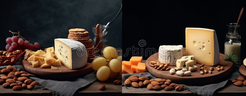 Ai ha generato un assortimento appetitoso di formaggi e noci su una tavola illustrazione vettoriale