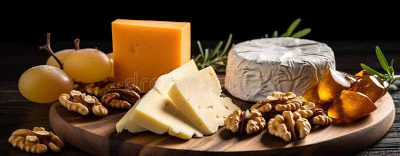 Ai ha generato un assortimento appetitoso di formaggi e noci su un vassoio di legno illustrazione vettoriale