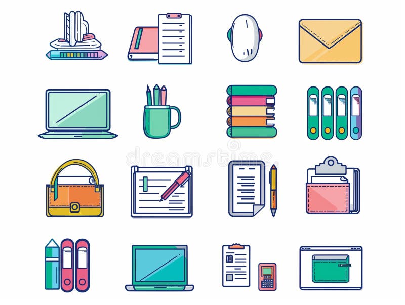 Ai ha generato un assortimento di colorate icone per ufficio e per ufficio illustrazione vettoriale