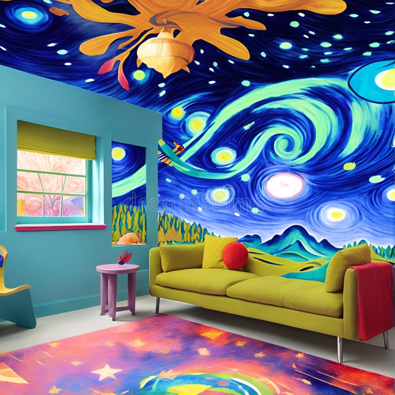Ai ha generato un grande salotto con uno straordinario soffitto dipinto come punto focale illustrazione vettoriale