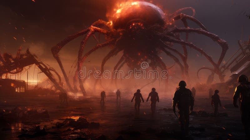 Ai ha generato un'illustrazione di un gruppo di persone che camminano verso una grande scultura di un ragno fotografie stock