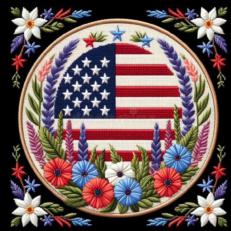 Ai ha generato un'illustrazione di un intricato ricamo della bandiera americana circondato da fiori illustrazione di stock