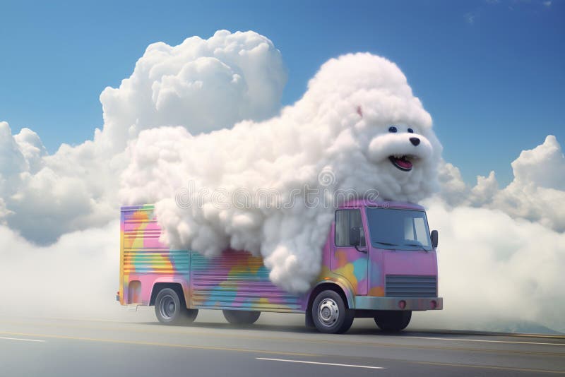 Ai ha generato un'illustrazione di un pickup colorato con un cane nuvoloso sul tetto illustrazione vettoriale