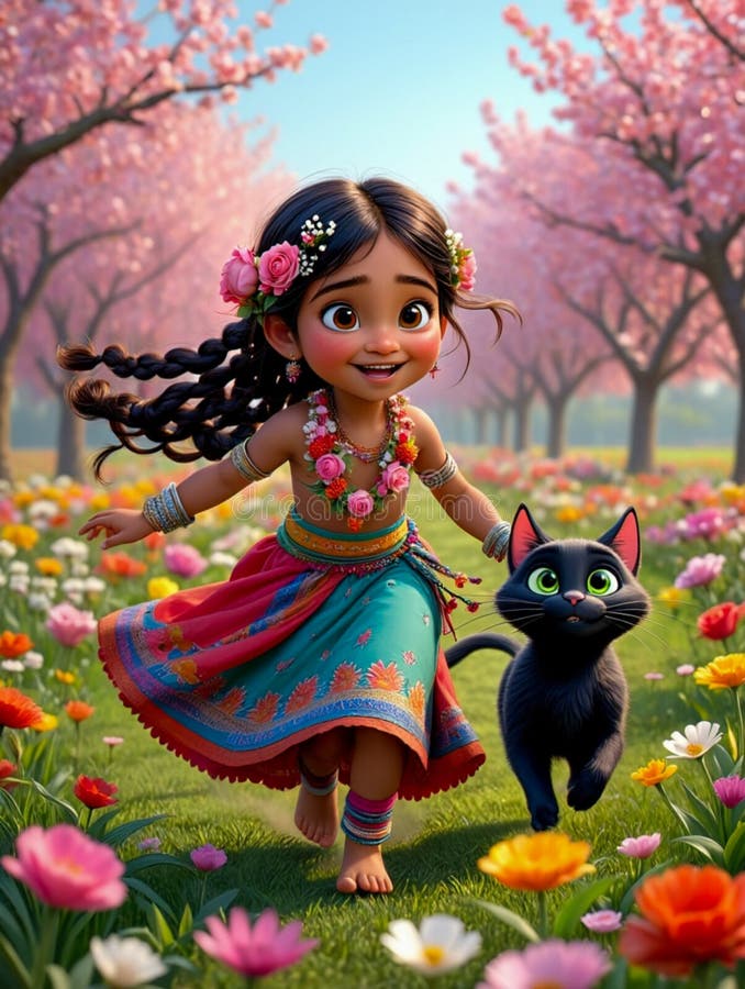 AI ha generato un'illustrazione digitale sorridente e un gatto nero nel campo floreale abiti colorati e decorazioni floreali illustrazione vettoriale