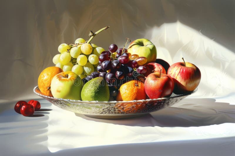 Ai ha prodotto l'illustrazione di una ciotola di frutta assortita con uva sparsa al suolo. Un'aie ha prodotto un'immagine di una ciotola di frutta assortita con uva sparsa al suolo