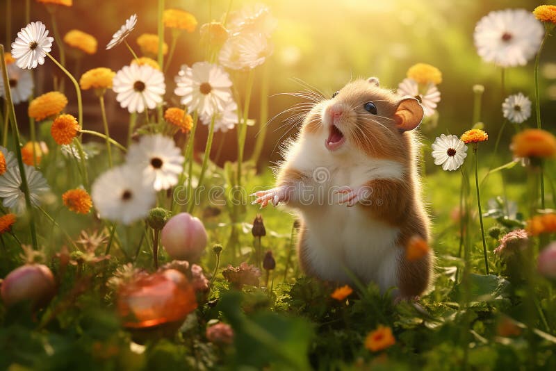 Hamster running through a flowering meadow on warm summer day vector illustration