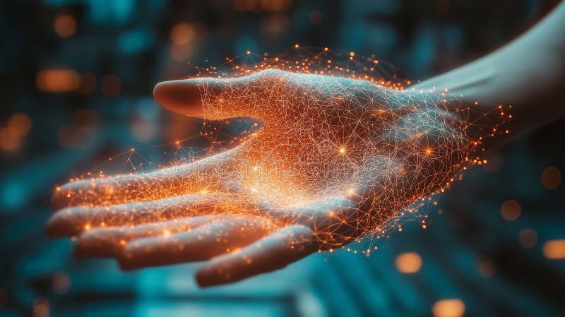 AI hand and cyber hand interacting with a digital brain showcasing automation and algorithm analysis royalty free illustration
