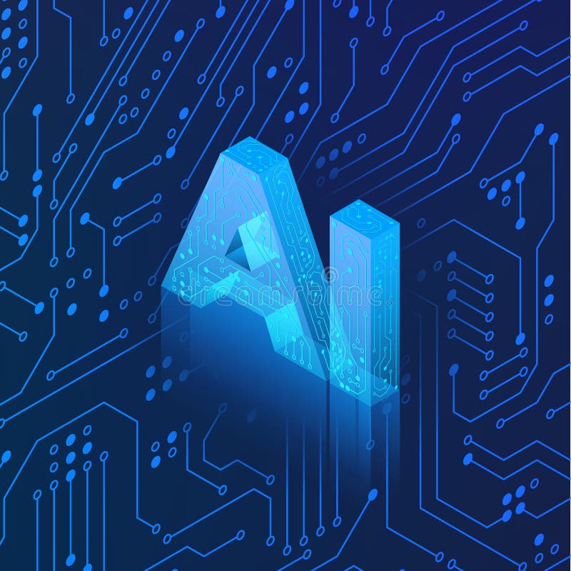 AI hologram on circuit background. Isometric Artificial intelligence concept. Blue Technology background. Machine learning. Vector royalty free illustration