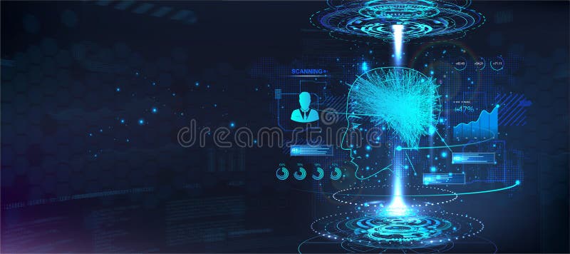 Ai hologram human head with 3D neuron brain model. Artificial neural network and artificial intelligence concept vector illustration