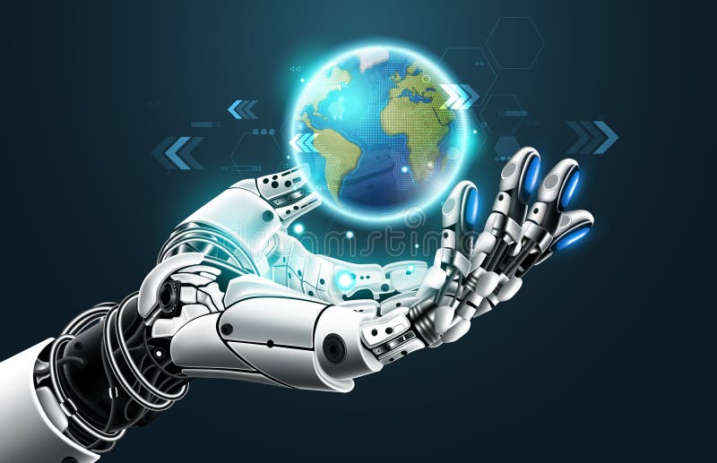 Ai humanoid Hand Holding Erde Hologramm mit technologischem Element zukünftiges cybernetic künstlichen Intelligenztechnologie Konz stock abbildung