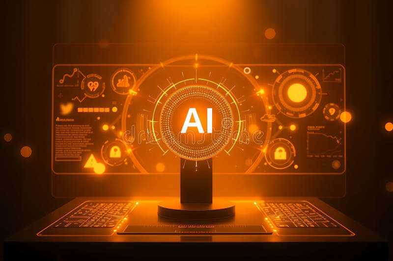 AI i företag som skapar ett Orange AI-gränssnitt på bildskärmen visar Futuristiska dataanalyser och säkerhetssymboler royaltyfri illustrationer