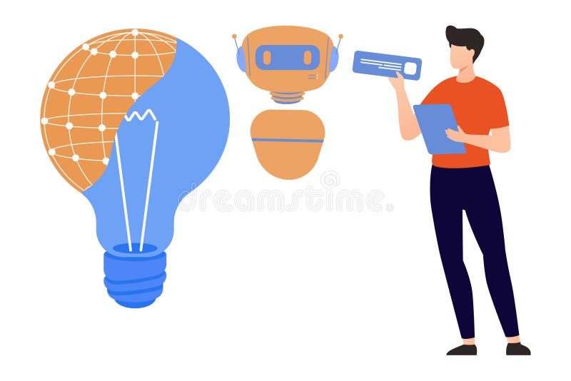 Illustration shows a male figure holding a document and standing beside a large lightbulb and a robot head. stock illustration