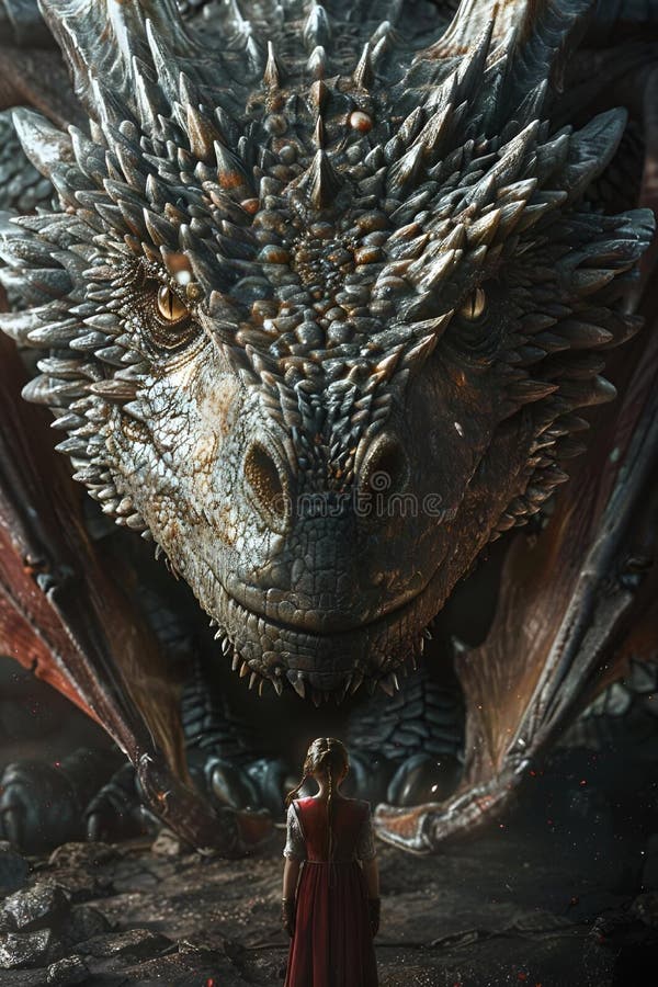 Ilustrarea unei scene fantastice a unei tinere care stă în fața unui dragon mare vector illustration