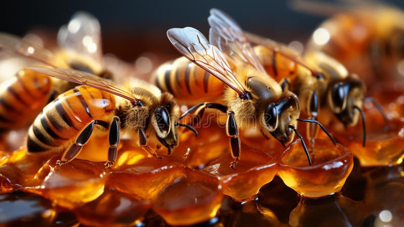 An AI illustration of a group of busy honey bees perched on a honeycomb