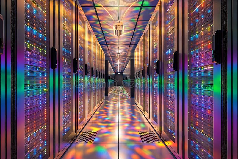 AI illustration of A spacious server room with an array of data center servers. royalty free stock photo
