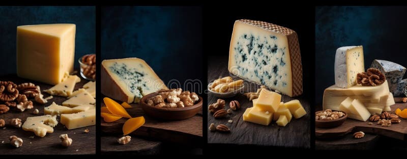 Ai illustrazione di un assortimento di formaggi a base di noci e formaggio blu disposto su una tavola illustrazione di stock