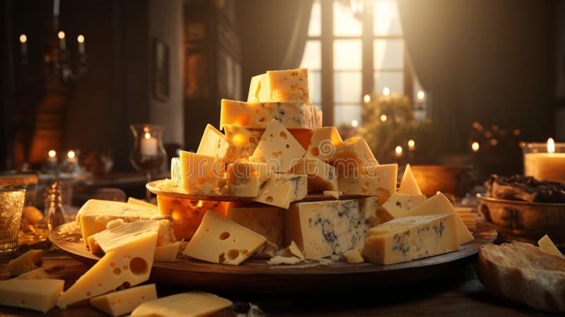 Ai illustrazione di un assortimento di formaggi esposto su una tavola di taglio di legno illustrazione di stock