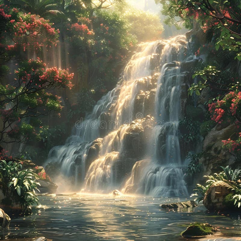 Ai illustrazione di un quadro scenico a cascata con alberi di pelo e acqua in fiore. Un'illustrazione generata dall'ai di un quadro scenico a cascata con alberi di cespuglio e acqua che scorre