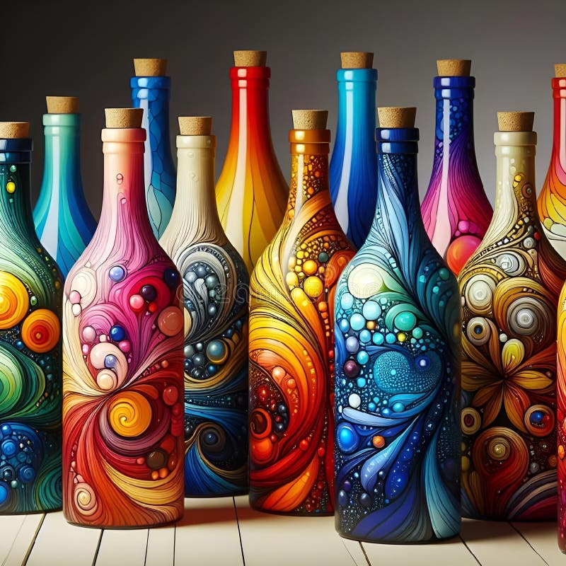 Ai illustrazione di un vibrante assortimento di bottiglie colorate illustrazione di stock
