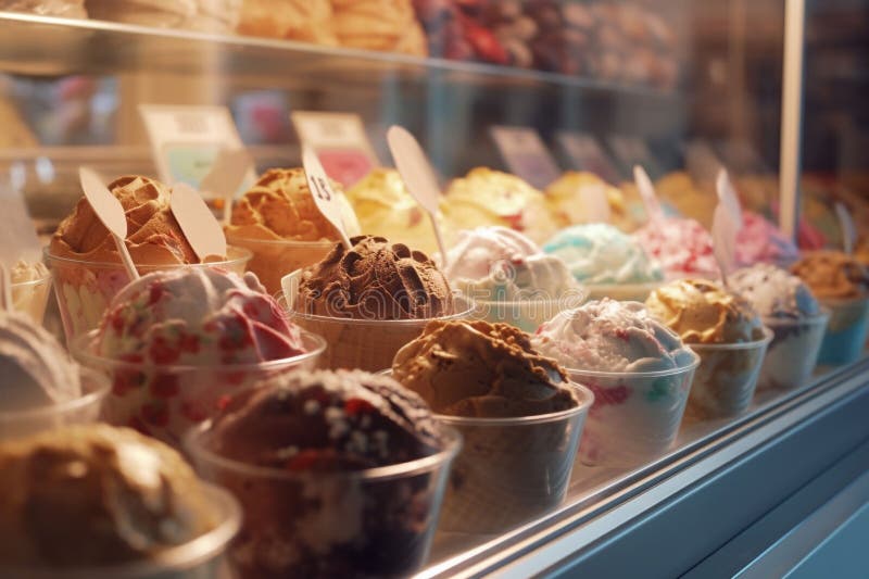 Ai illustrazione generata di un assortimento di gelati colorati riprodotti in una cassa di vetro illustrazione di stock