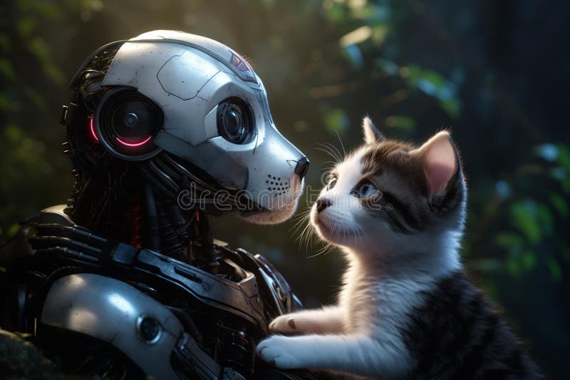 Ai ilustracja zabawy feline angażującej się w afektywną interakcję z robotem humanoidalnym ilustracji