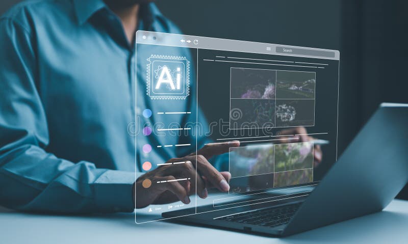 AI image creation technology. Man use AI software on a laptop to generate images, showcasing a futuristic user interface. screen stock photos