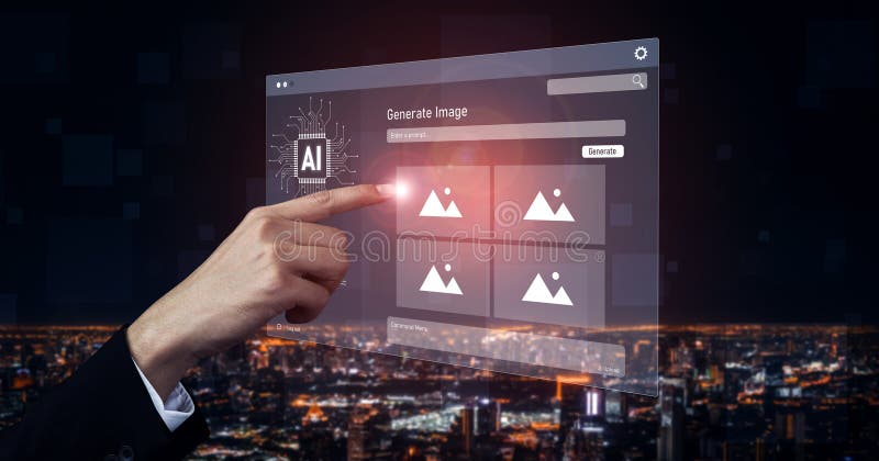 AI image generator interface enables image, AI, and generator process by converting user prompt into visual content using intelligent algorithms Vouch. Intelligent algorithms stock images, royalty-free photos and pictures