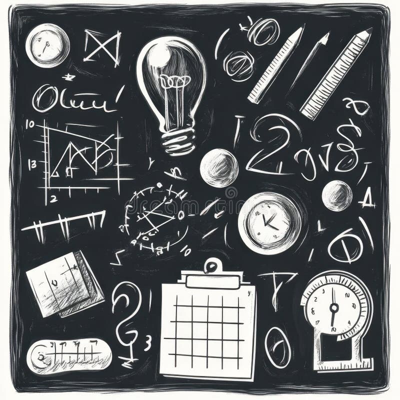 AI image Lightbulb and Clock Doodles on Chalkboard Representing Idea Generation and Time Management vector illustration
